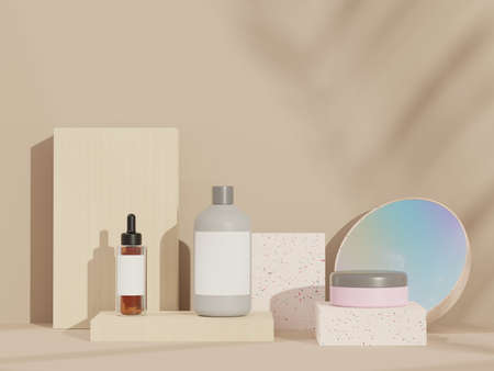 3d render of blank cosmetics skincare product or packaging for mock up. Terrazzo design. Beauty soap and spa concept. Lotion oil moisture for skin health. Premium and luxury design for branding.の写真素材