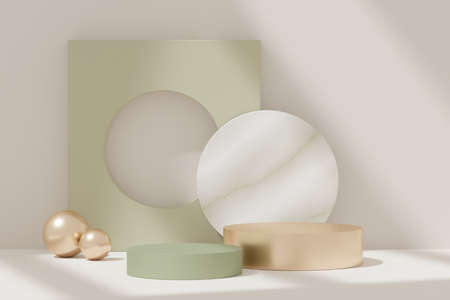 3d abstract background premium golden green podium for product presentation and brand advertising with shadow of windows and roof. Empty scene for mock up.の写真素材