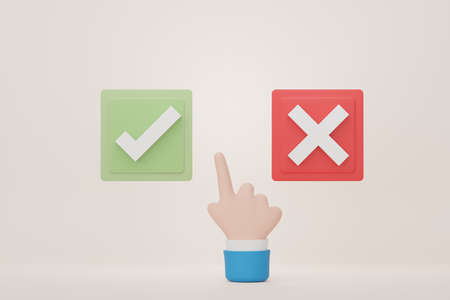 3d render of cartoon hand choosing button choices between correct and incorrect on pastel background.の写真素材