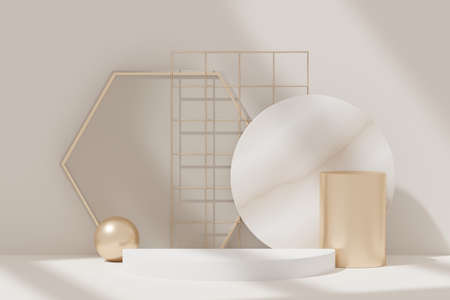 3d abstract background white podium for product presentation and brand advertising with shadow of windows and roof. Empty scene for mock up.の写真素材