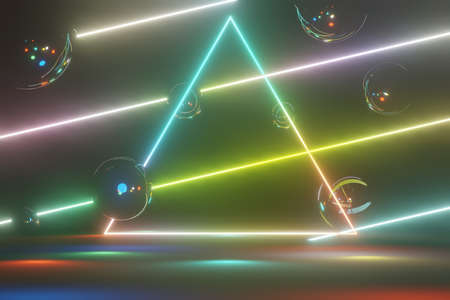 3d render of RGB neon light on darkness background. Abstract Laser lines show at night. Ultraviolet spectrum beam scene for mock up and web banner.の写真素材