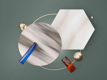 3d render abstract simple geometric shapes with mystic hologram or holographic design. realistic primitives composition scene for mockup.の写真素材