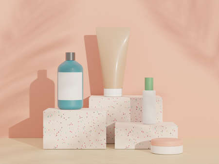 3d render of blank cosmetics skincare product or packaging for mock up. Terrazzo design. Beauty soap and spa concept. Lotion oil moisture for skin health. Premium and luxury design for branding.の写真素材