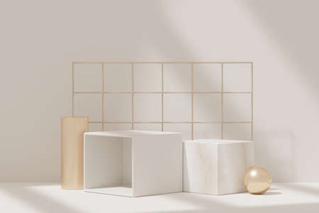 3d abstract background white podium for product presentation and brand advertising with shadow of windows and roof. Empty scene for mock up.の写真素材