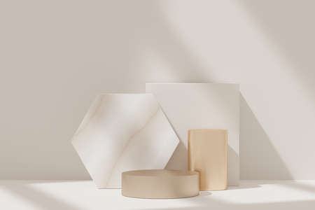 3d abstract background white podium for product presentation and brand advertising with shadow of windows and roof. Empty scene for mock up.の写真素材