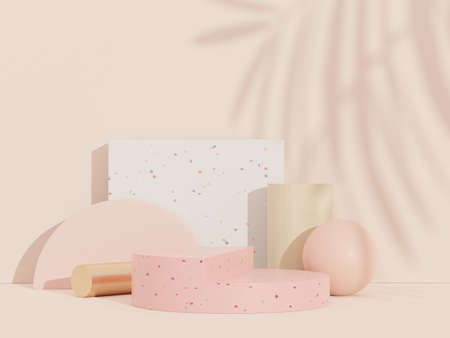 3d abstract background Terrazzo podium for product presentation and brand advertising with shadow of leave. Empty scene for mock up.の写真素材