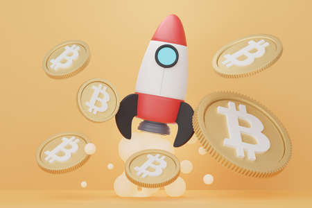 3d render of stack of bitcoins with rocket to the moon. Defi crypto concept. Investment managementの写真素材