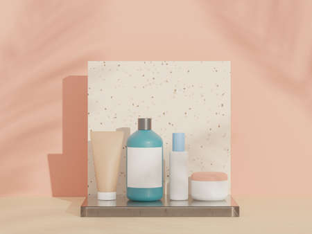 3d render of blank cosmetics skincare product or packaging for mock up. Terrazzo design. Beauty soap and spa concept. Lotion oil moisture for skin health. Premium and luxury design for branding.の写真素材
