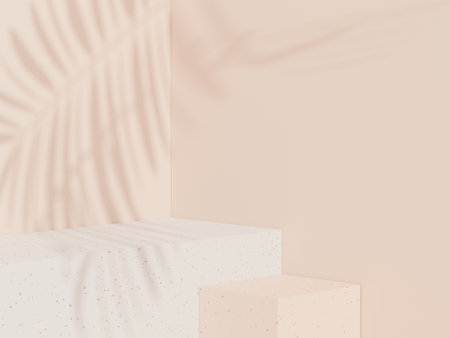 3d abstract background Terrazzo podium for product presentation and brand advertising with shadow of leave. Empty scene for mock up.の写真素材