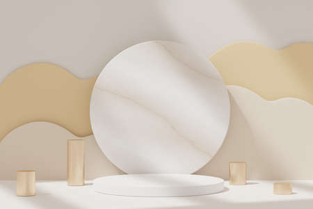 3d abstract background white podium for product presentation and brand advertising with shadow of windows and roof. Empty scene for mock up.の写真素材