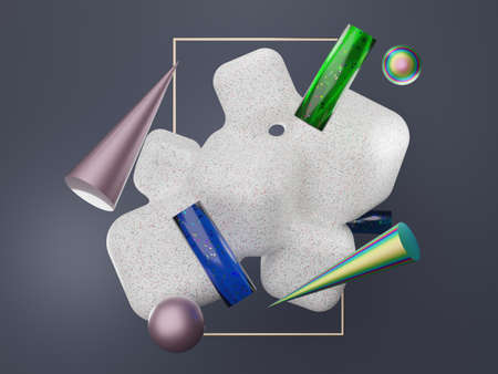 3d render abstract simple geometric shapes with mystic hologram or holographic design. realistic primitives composition scene for mockup.の写真素材
