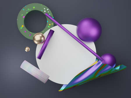 3d render abstract simple geometric shapes with mystic hologram or holographic design. realistic primitives composition scene for mockup.の写真素材