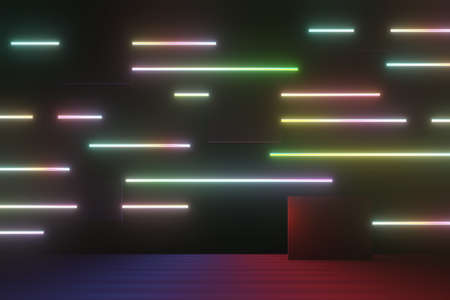 3d render of RGB neon light on darkness background. Abstract Laser lines show at night. Ultraviolet spectrum beam scene for mock up and web banner.の写真素材