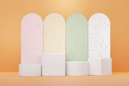 3d render of abstract pedestal podium display with terrazzo chips floor design. Scene for present product promotion and beauty cosmetics.の写真素材