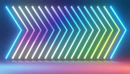 3d render of RGB neon light on darkness background. Abstract Laser lines show at night. Ultraviolet spectrum beam scene for mock up and web banner.の写真素材