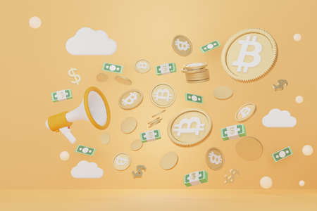 3d render of stack of bitcoins with megaphone. Defi cryptocurrency concept. Investment managementの写真素材