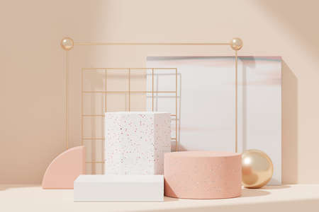3d illustration luxury premium pedestal product display with abstract geometric shapes. Minimal scene for present product promotion and beauty cosmetics.の写真素材