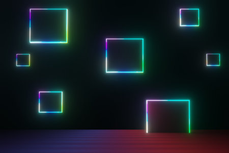 3d render of RGB neon light on darkness background. Abstract Laser lines show at night. Ultraviolet spectrum beam scene for mock up and web banner.の写真素材