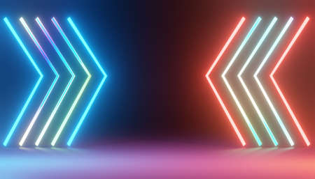 3d render of RGB neon light on darkness background. Abstract Laser lines show at night. Ultraviolet spectrum beam scene for mock up and web banner.の写真素材