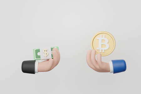 3d render cartoon hands exchange between fiat money and bitcoin. Cryptocurrency transactions on network of blockchains.の写真素材
