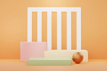 3d render of abstract pedestal podium display with terrazzo chips floor design. Scene for present product promotion and beauty cosmetics.の写真素材