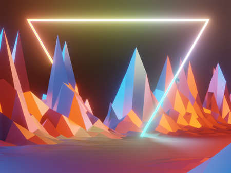 3d render of RGB neon light on darkness background. Abstract Laser lines show at night. Ultraviolet spectrum beam scene for mock up and web banner.の写真素材