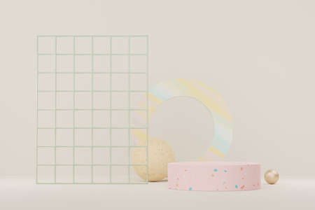 3d render of abstract pedestal podium display with terrazzo chips floor design. Scene for present product promotion and beauty cosmetics.の写真素材