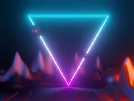 3d render of RGB neon light on darkness background. Abstract Laser lines show at night. Ultraviolet spectrum beam scene for mock up and web banner.の写真素材