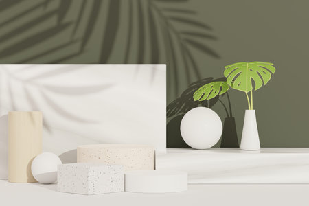 3d render of abstract pedestal podium display with terrazzo and Monstera leaves. Product and promotion concept for advertising. Green natural background.の写真素材