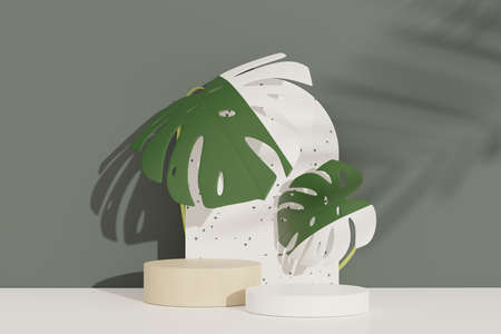 3d render of abstract pedestal podium display with terrazzo and Monstera leaves. Product and promotion concept for advertising. Green natural background.の写真素材