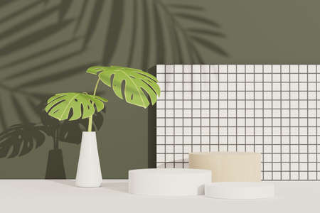 3d render of abstract pedestal podium display with terrazzo and Monstera leaves. Product and promotion concept for advertising. Green natural background.の写真素材