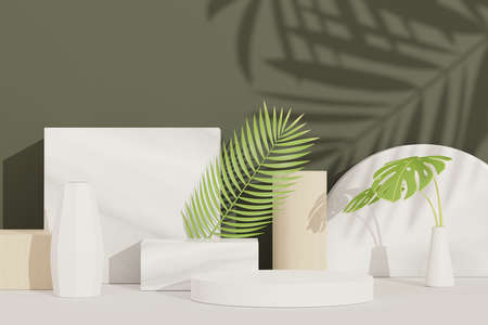 3d render of abstract pedestal podium display with Tropical Monstera leaves. Product and promotion concept for advertising. Green natural background.の写真素材