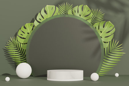 3d render of abstract pedestal podium display with Tropical Monstera leaves. Product and promotion concept for advertising. Green natural background.の写真素材