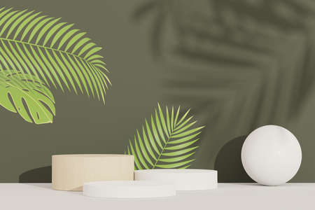 3d render of abstract pedestal podium display with Tropical Monstera leaves. Product and promotion concept for advertising. Green natural background.の写真素材