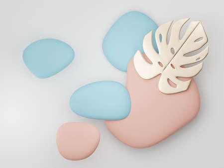 3d render of premium abstract geometric shapes and pastel luxury gravel decor with tropical leaves on white background.の写真素材