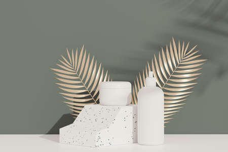3d render of blank cosmetics skincare product or packaging for mock up. Terrazzo design. Beauty soap and spa concept. Lotion oil moisture for skin health. Premium and luxury design for branding.の写真素材