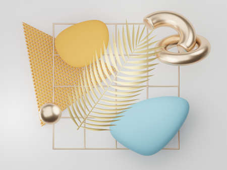 3d render of premium abstract geometric shapes and pastel luxury gravel decor with tropical leaves on white background.の写真素材