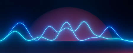 3d render of futuristic retro landscape neon light on darkness background. Abstract Laser cyber lines show at night. Ultraviolet spectrum beam scene for mock up and web banner.の写真素材