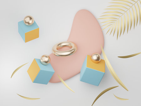 3d render of premium abstract geometric shapes and pastel luxury gravel decor with tropical leaves on white background.の写真素材