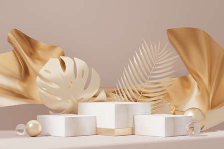 3d illustration luxury premium pedestal product display with abstract geometric shapes. Minimal scene for present product promotion and beauty cosmetics.の写真素材