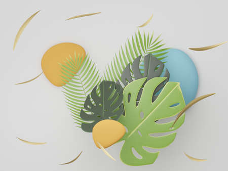 3d render of premium abstract geometric shapes and pastel luxury gravel decor with tropical leaves on white background.の写真素材