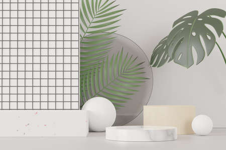 3d render of abstract pedestal podium display with Tropical Monstera leaves. Product and promotion concept for advertising. Green natural background.の写真素材