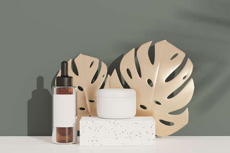 3d render of blank cosmetics skincare product or packaging for mock up. Terrazzo design. Beauty soap and spa concept. Lotion oil moisture for skin health. Premium and luxury design for branding.の写真素材