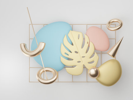3d render of premium abstract geometric shapes and pastel luxury gravel decor with tropical leaves on white background.の写真素材