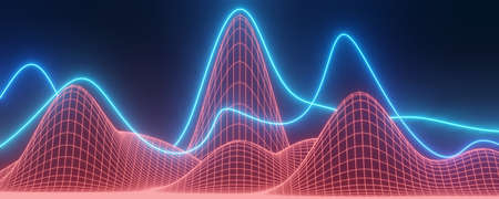 3d render of futuristic retro landscape neon light on darkness background. Abstract Laser cyber lines show at night. Ultraviolet spectrum beam scene for mock up and web banner.の写真素材