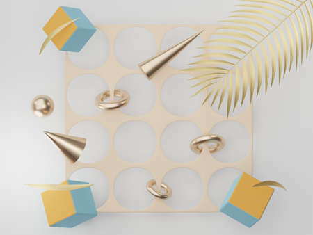 3d render of premium abstract geometric shapes and pastel luxury gravel decor with tropical leaves on white background.の写真素材
