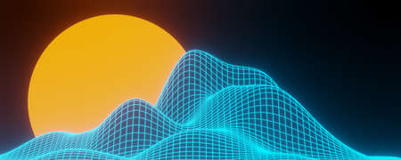 3d render of futuristic retro landscape neon light on darkness background. Abstract Laser cyber lines show at night. Ultraviolet spectrum beam scene for mock up and web banner.の写真素材