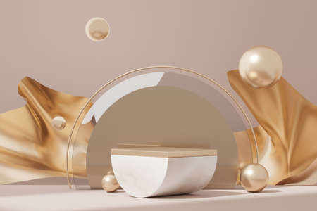 3d illustration luxury premium pedestal product display with abstract geometric shapes. Minimal scene for present product promotion and beauty cosmetics.の写真素材