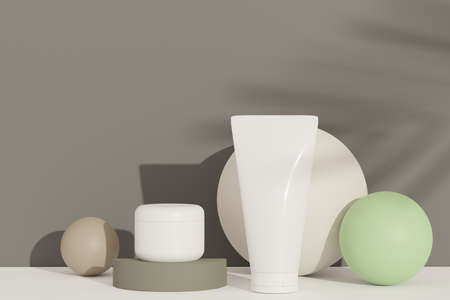 3d render of blank cosmetics skincare product or packaging for mock up. Beauty soap and spa concept. Lotion oil moisture for skin health. Premium and luxury design for branding.の写真素材