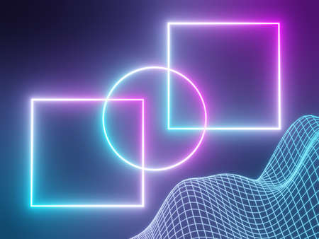 3d render of RGB neon light on darkness background. Abstract Laser lines show at night. Ultraviolet spectrum beam scene for mock up and web banner.の写真素材
